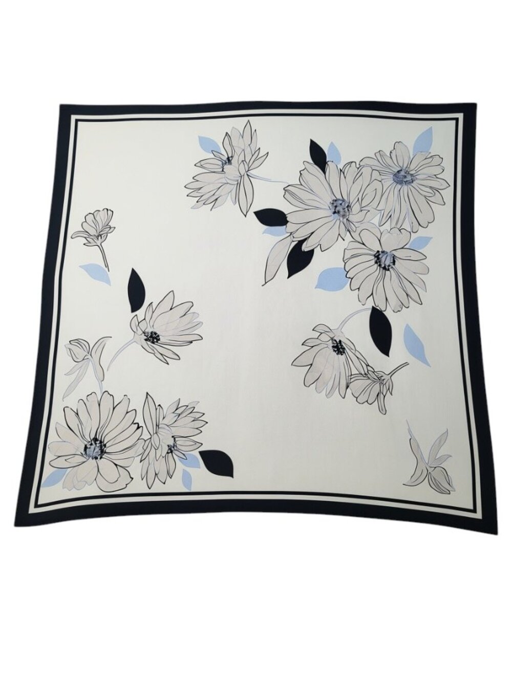 Casual Corner Silk Scarf Ivory Daisy Floral Navy Black Border 25x25